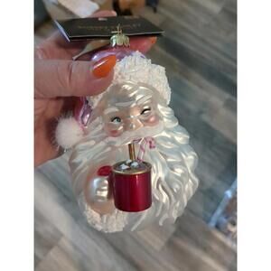 Robert Stanley Santa Claus Head Pink Hat Glass Christmas Tree Ornament W Cocoa